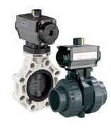 Válvula Borboleta e Válvula Esfera Termoplástica, com atuador pneumático rotativo Dupla Ação ou Retorno Mola